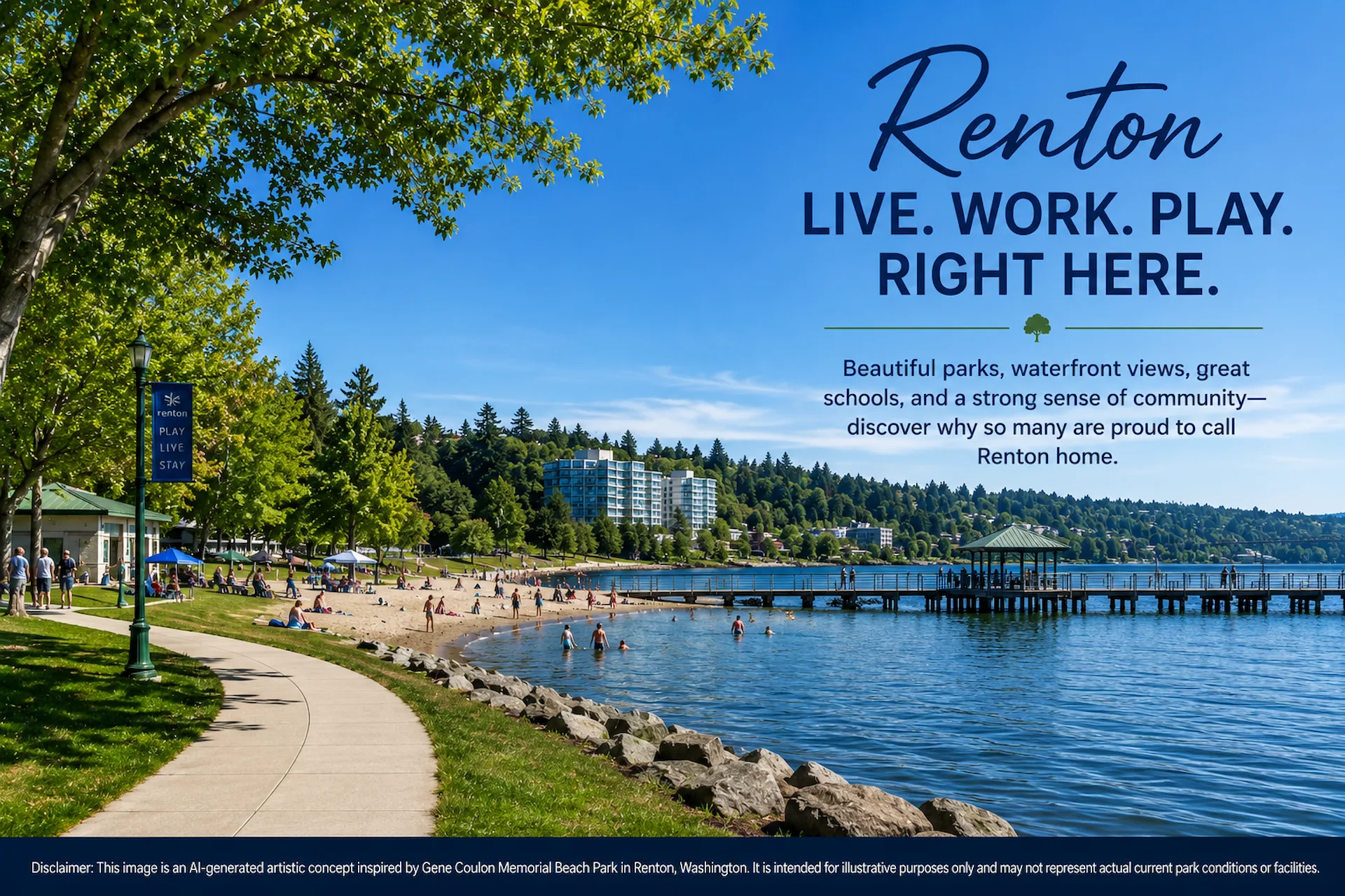 AI-generated illustration inspired by Gene Coulon Memorial Beach Park in Renton, Washington