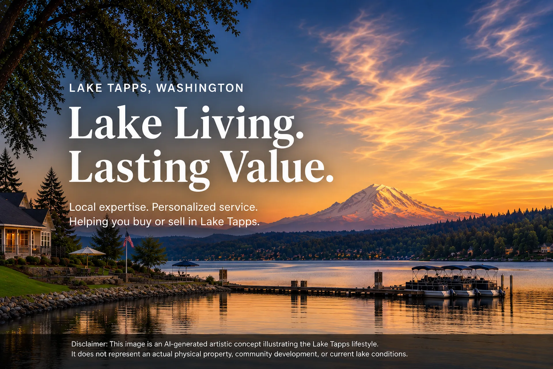AI-generated illustration inspired by Lake Tapps waterfront living in Washington