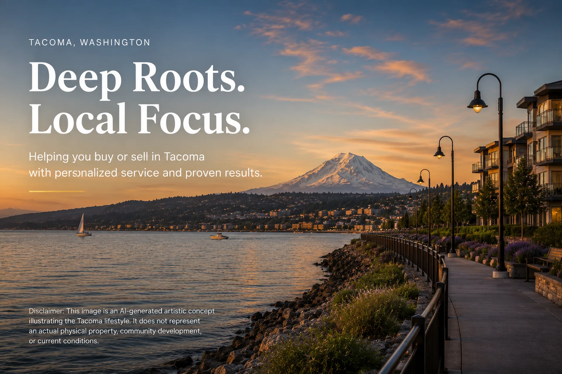 Illustration of Tacoma's Ruston Waterfront with Commencement Bay and Mount Rainier